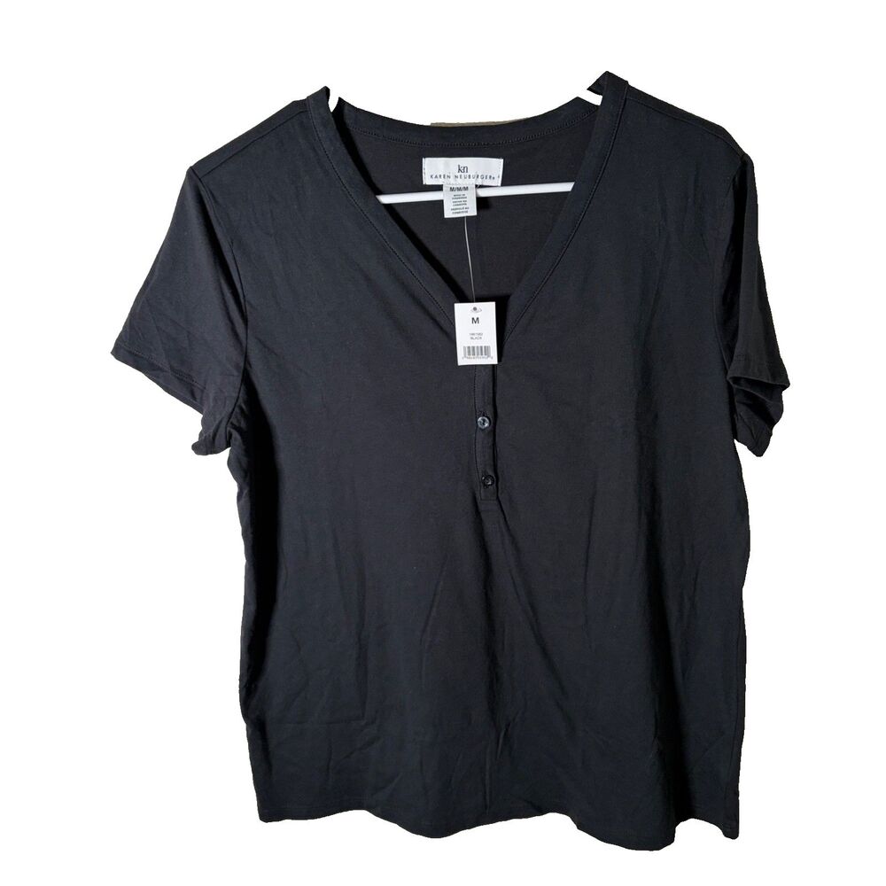 Karen Neuburger T-Shirt Women's Medium Black Popover Short Sleeve Top NWT